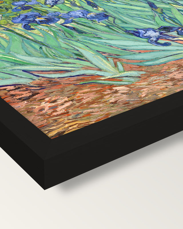 Irises by Vincent van Gogh framed print, corner close-up: black moulding, mitred, the print set just below its edge