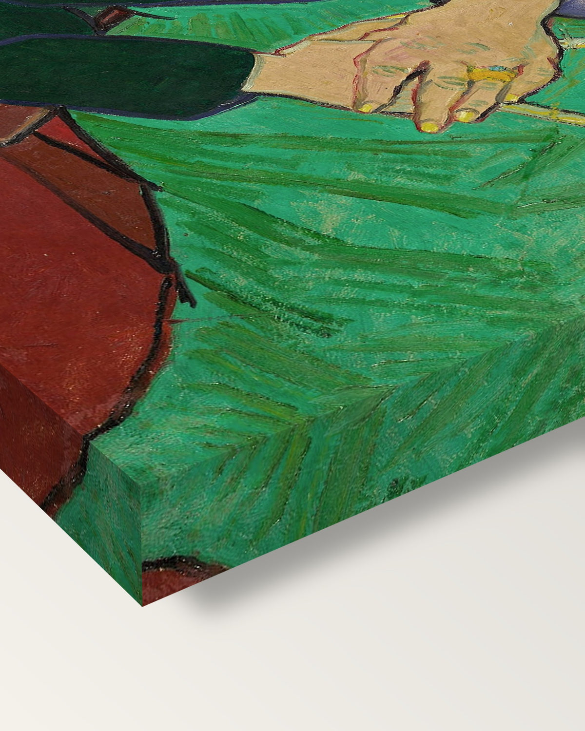 La Berceuse by Vincent van Gogh on stretched canvas, corner close-up: the painting mirror-wrapped round the sides
