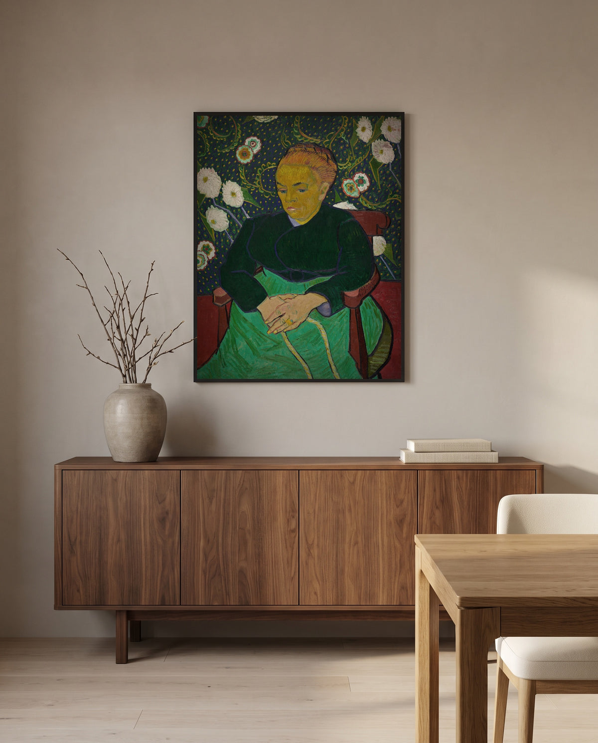 La Berceuse by Vincent van Gogh in a black frame above a walnut sideboard in a dining room