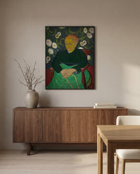 La Berceuse by Vincent van Gogh in a black frame above a walnut sideboard in a dining room