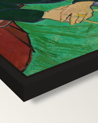 La Berceuse by Vincent van Gogh framed canvas, corner close-up: a black floating frame with a shadow gap round the canvas