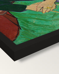 La Berceuse by Vincent van Gogh framed print, corner close-up: black moulding, mitred, the print set just below its edge