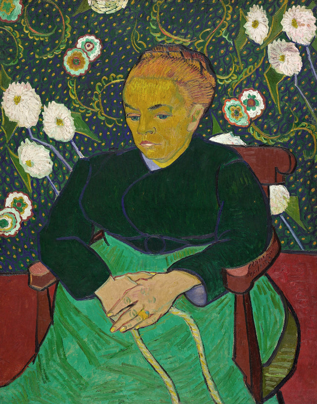 La Berceuse by Vincent van Gogh: Madame Roulin in green holding a rope, against a wallpaper of pink and white flowers