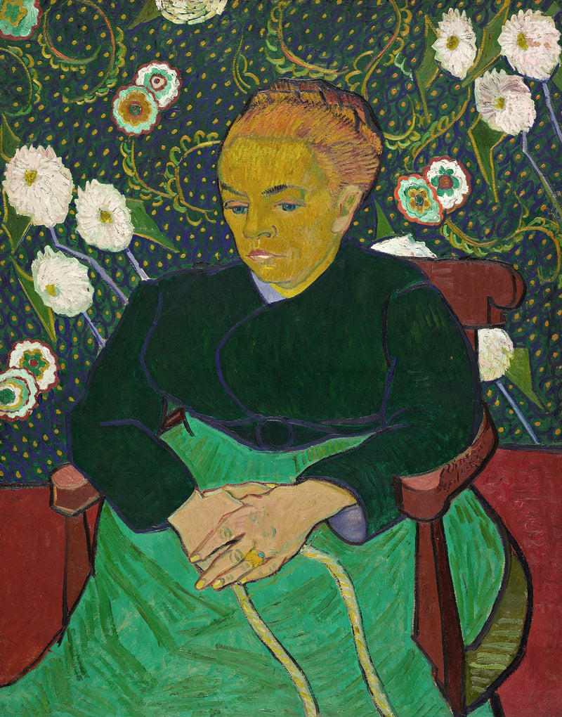 La Berceuse by Vincent van Gogh: Madame Roulin in green holding a rope, against a wallpaper of pink and white flowers