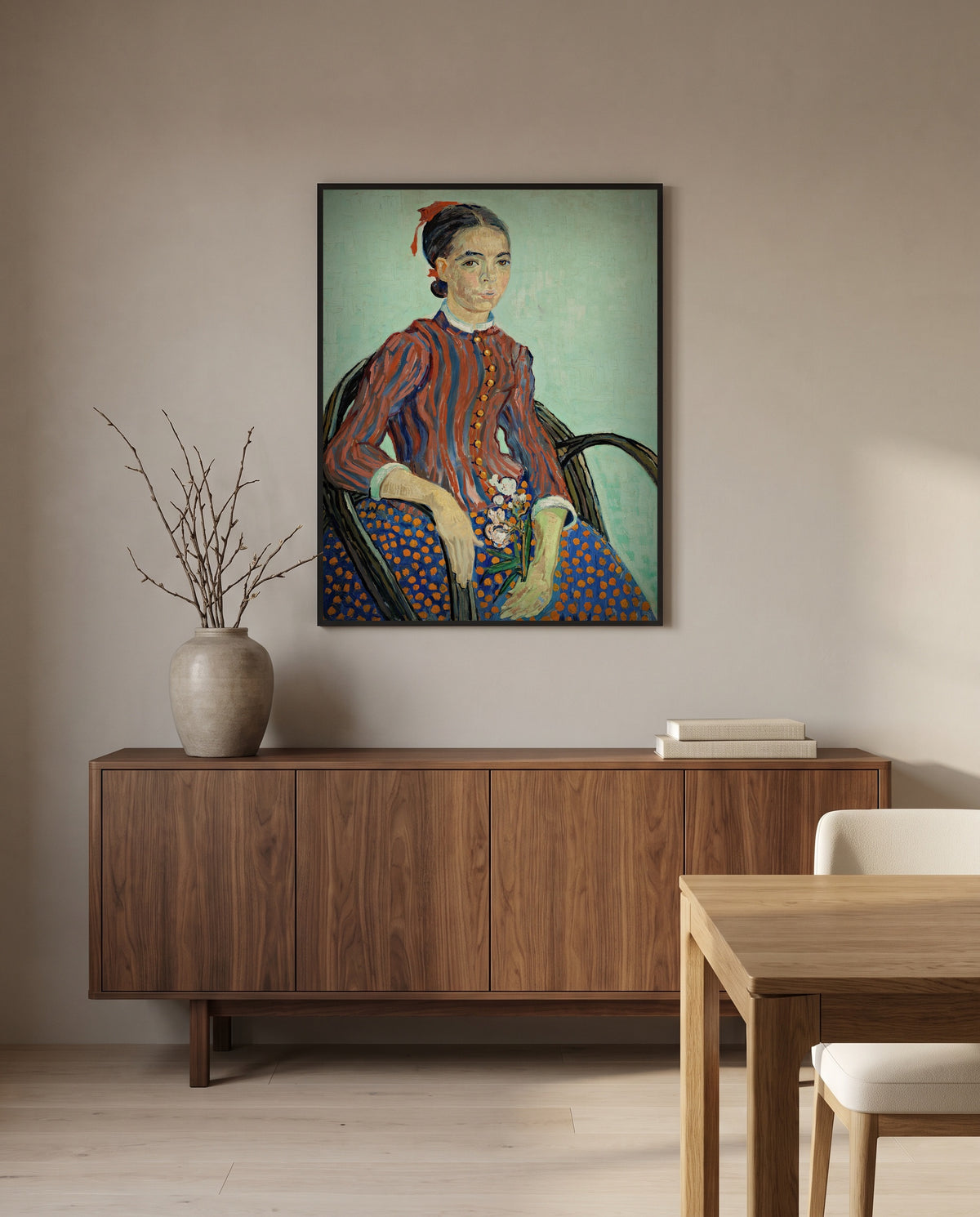 La Mousmé by Vincent van Gogh in a black frame above a walnut sideboard in a dining room