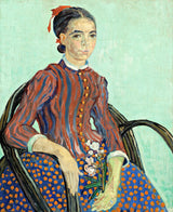 La Mousmé by Vincent van Gogh: a girl in a striped jacket and spotted skirt in a cane chair, holding oleander, on pale green