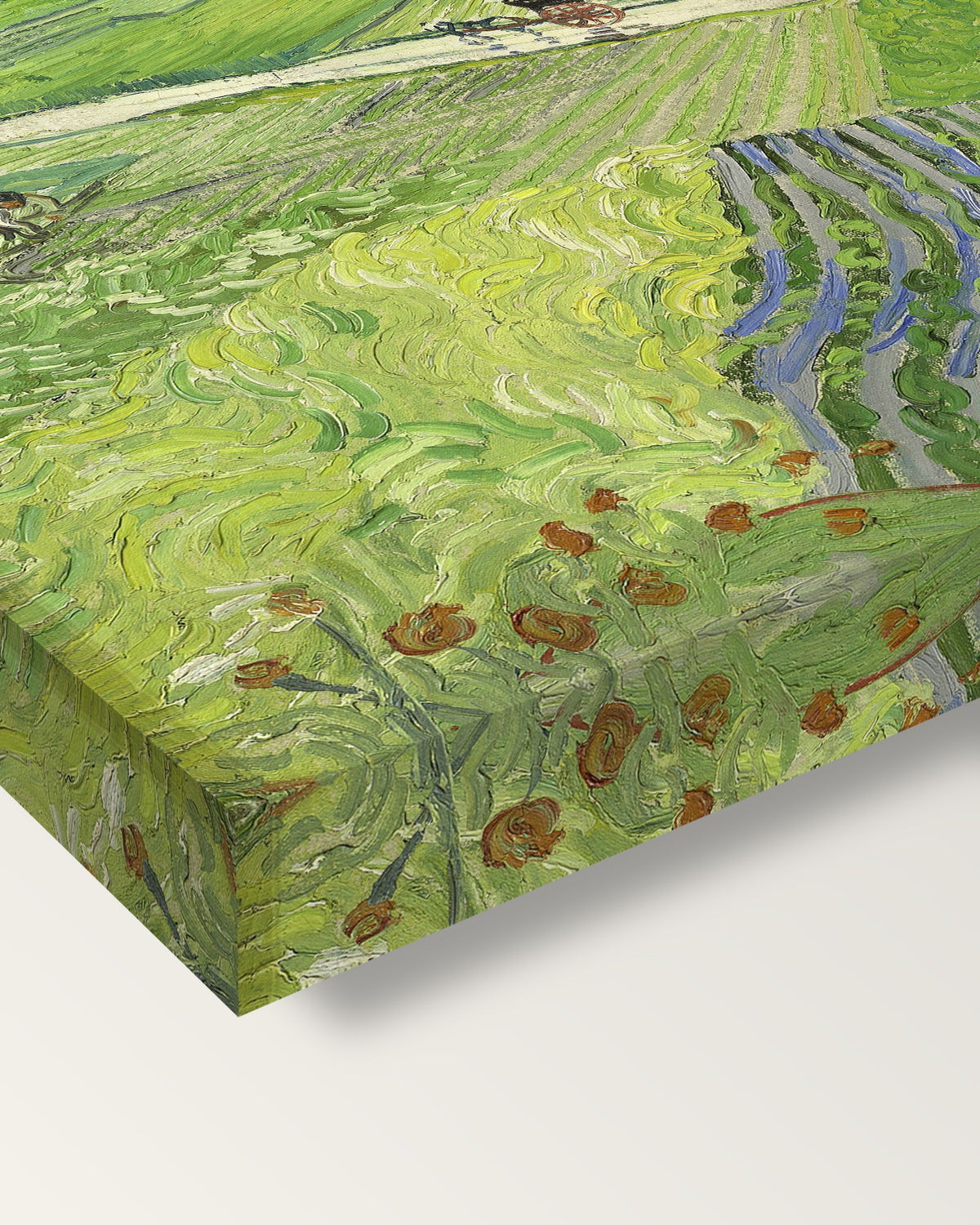 Carriage and Train by Vincent van Gogh on stretched canvas, corner close-up: the painting mirror-wrapped round the sides