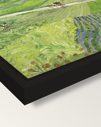 Carriage and Train by van Gogh framed canvas, corner close-up: a black floating frame with a shadow gap round the canvas