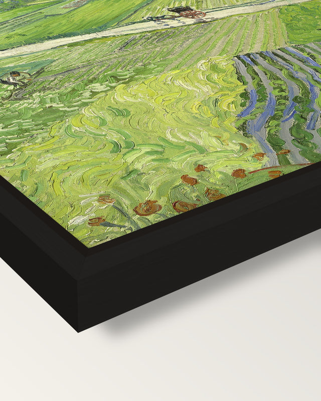 Carriage and Train by van Gogh framed canvas, corner close-up: a black floating frame with a shadow gap round the canvas