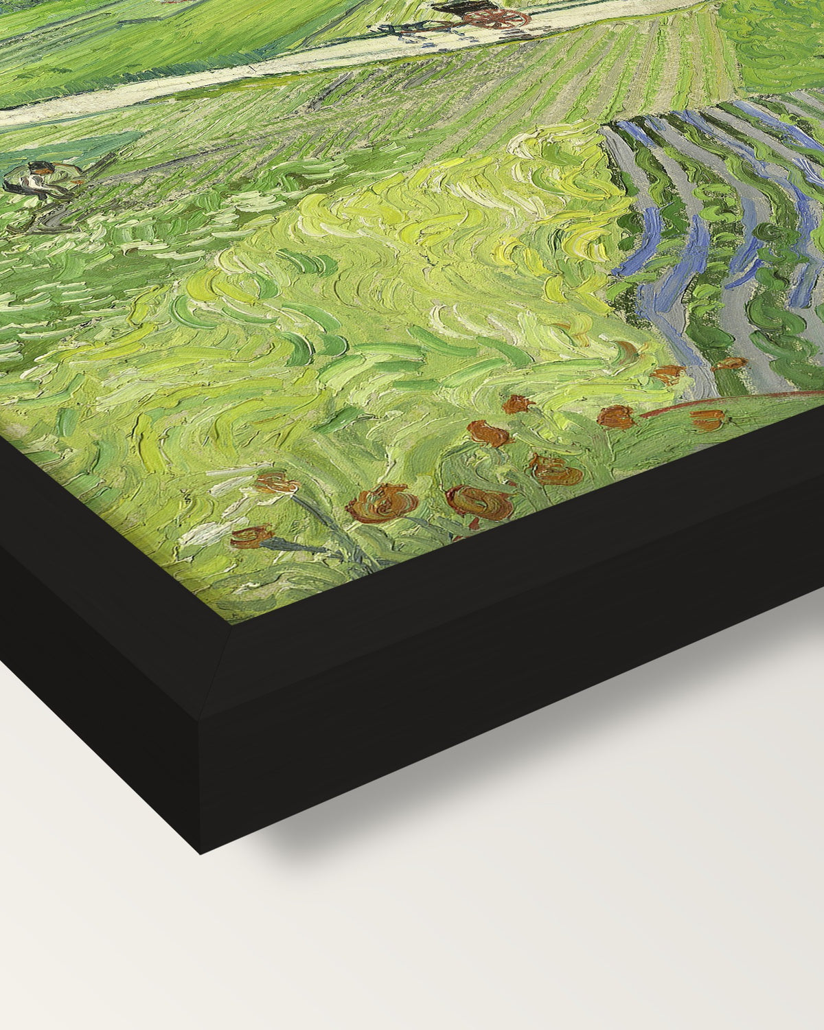 Carriage and Train by van Gogh framed print, corner close-up: black moulding, mitred, the print set just below its edge