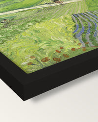 Carriage and Train by van Gogh framed print, corner close-up: black moulding, mitred, the print set just below its edge