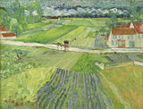 Landscape with a Carriage and a Train by Vincent van Gogh: patchwork fields, a train with white smoke, a carriage on a road