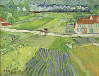 Landscape with a Carriage and a Train by Vincent van Gogh: patchwork fields, a train with white smoke, a carriage on a road