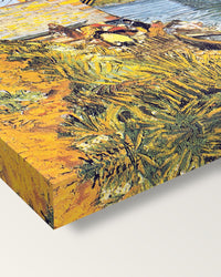 The Langlois Bridge by Vincent van Gogh on stretched canvas, corner close-up: the painting mirror-wrapped round the sides