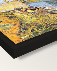 The Langlois Bridge by van Gogh framed canvas, corner close-up: a black floating frame with a shadow gap round the canvas