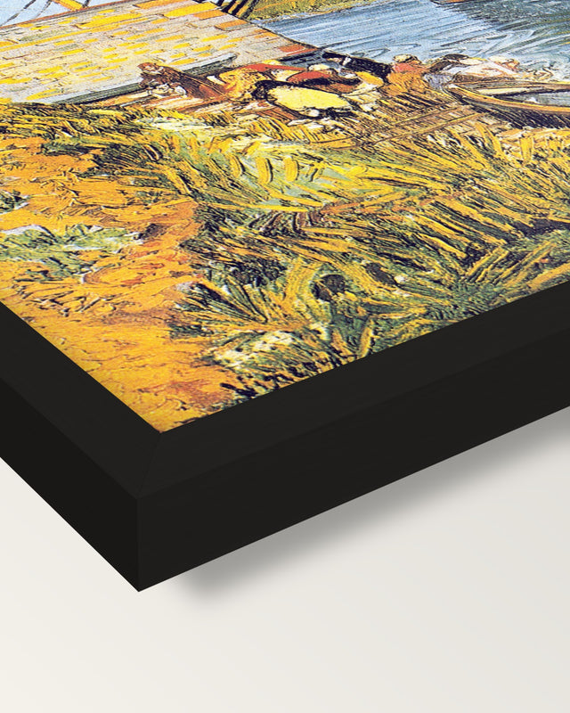 The Langlois Bridge by van Gogh framed print, corner close-up: black moulding, mitred, the print set just below its edge