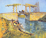 The Langlois Bridge by Vincent van Gogh: a yellow drawbridge with a cart crossing and women washing linen below