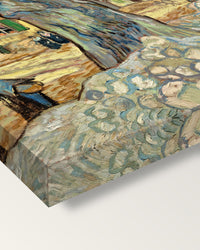 The Large Plane Trees by Vincent van Gogh on stretched canvas, corner close-up: the painting mirror-wrapped round the sides