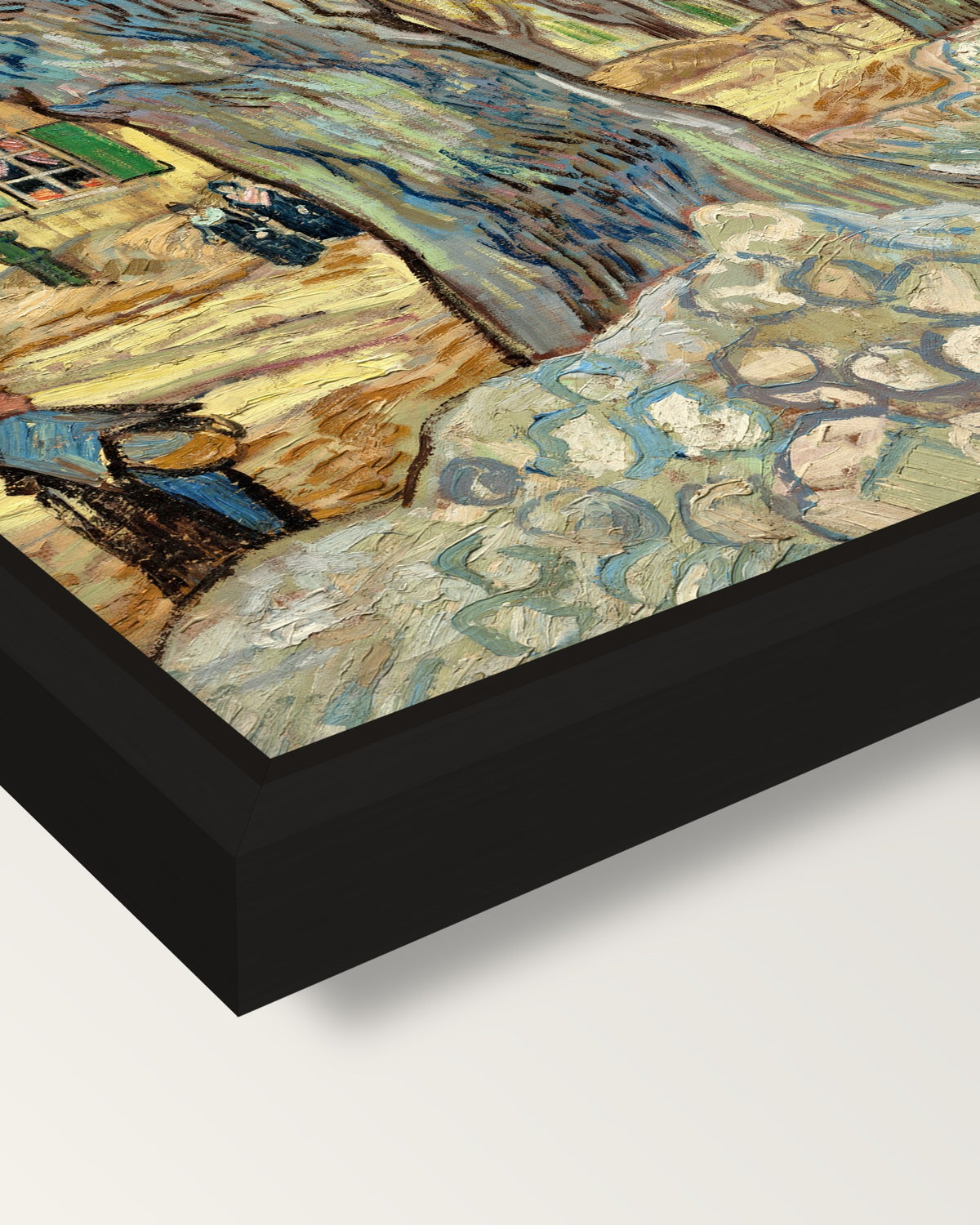 The Large Plane Trees by van Gogh framed canvas, corner close-up: a black floating frame with a shadow gap round the canvas