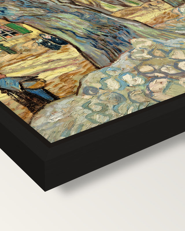 The Large Plane Trees by van Gogh framed canvas, corner close-up: a black floating frame with a shadow gap round the canvas