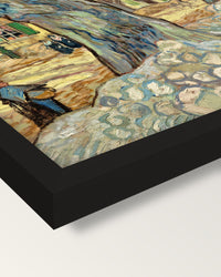 The Large Plane Trees by van Gogh framed print, corner close-up: black moulding, mitred, the print set just below its edge