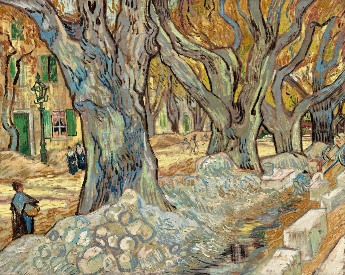 The Large Plane Trees by Vincent van Gogh: huge plane trunks with yellow leaves over a street being dug up by workmen