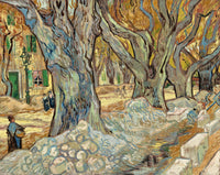 The Large Plane Trees by Vincent van Gogh: huge plane trunks with yellow leaves over a street being dug up by workmen