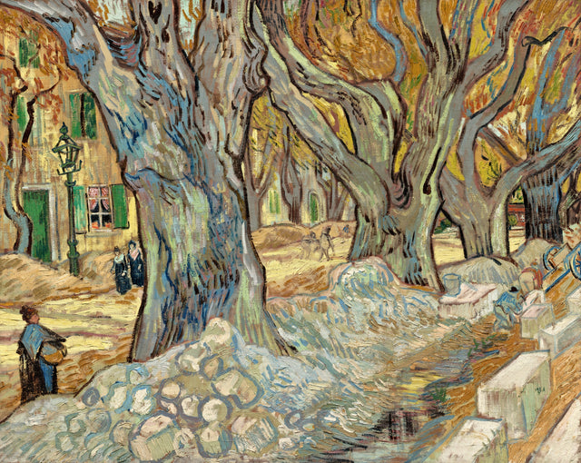 The Large Plane Trees by Vincent van Gogh: huge plane trunks with yellow leaves over a street being dug up by workmen