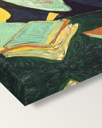 L’Arlésienne by Vincent van Gogh on stretched canvas, corner close-up: the painting mirror-wrapped round the sides