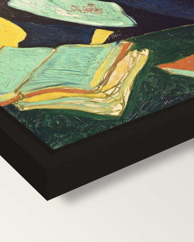L’Arlésienne by Vincent van Gogh framed canvas, corner close-up: a black floating frame with a shadow gap round the canvas