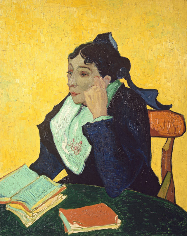 L’Arlésienne by Vincent van Gogh: Madame Ginoux in black, her head on her hand, with books on a green table, on yellow