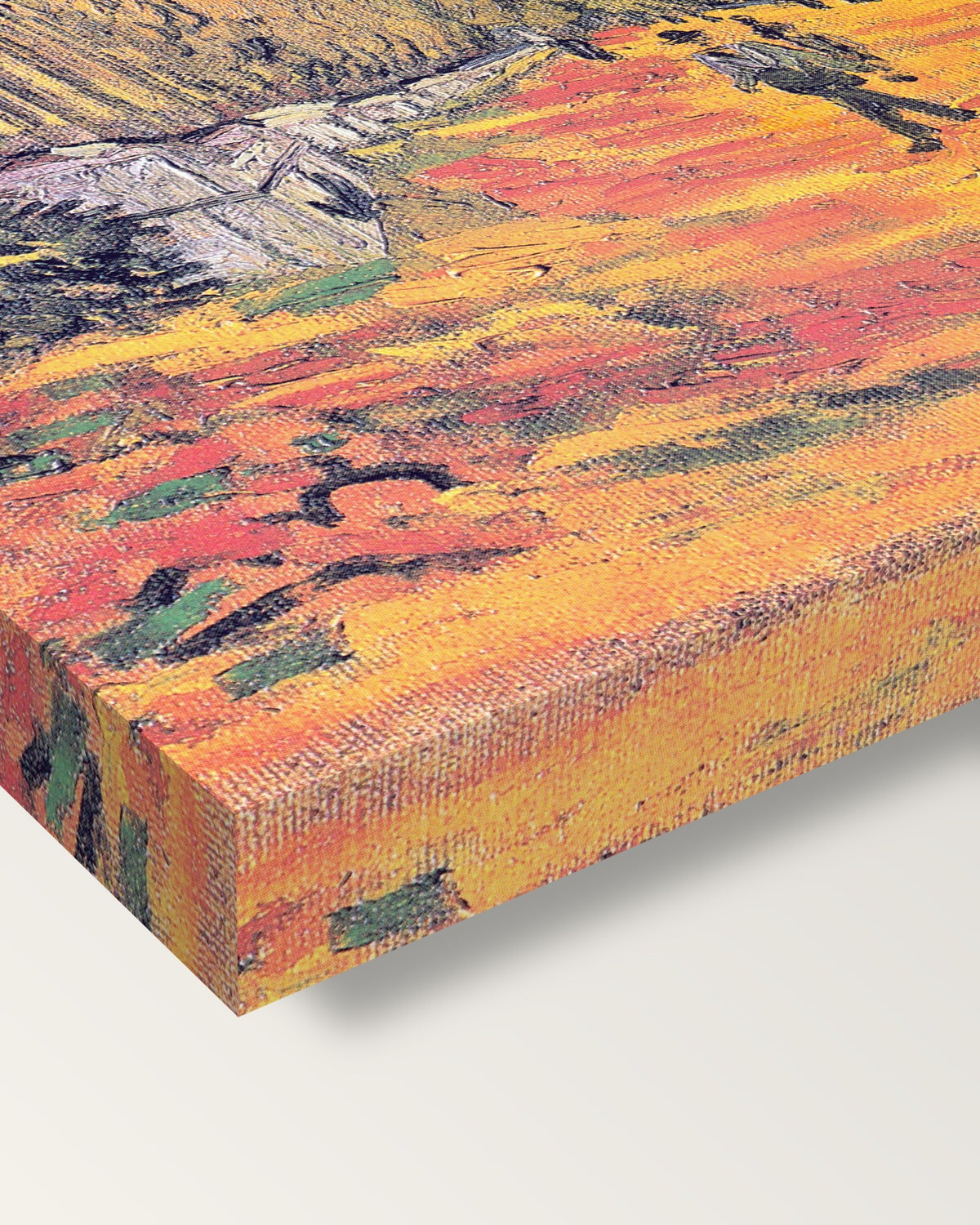 Les Alyscamps by Vincent van Gogh on stretched canvas, corner close-up: the painting mirror-wrapped round the sides