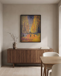 Les Alyscamps by Vincent van Gogh in a black frame above a walnut sideboard in a dining room