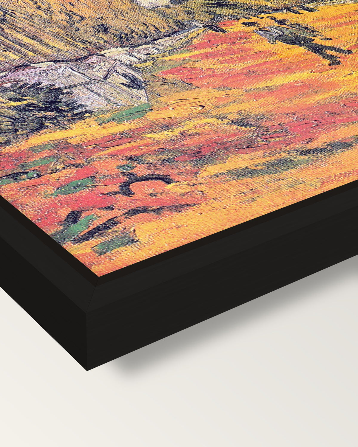 Les Alyscamps by Vincent van Gogh framed canvas, corner close-up: a black floating frame with a shadow gap round the canvas