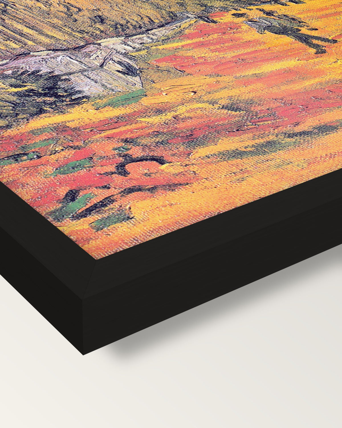 Les Alyscamps by Vincent van Gogh framed print, corner close-up: black moulding, mitred, the print set just below its edge