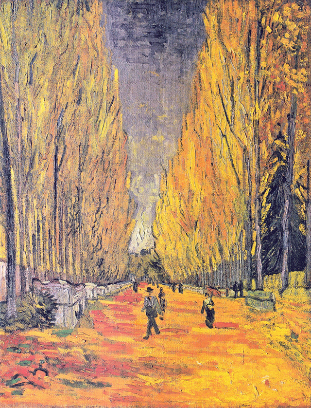 Les Alyscamps by Vincent van Gogh: an avenue of tall orange-yellow poplars with stone tombs, walkers on the path