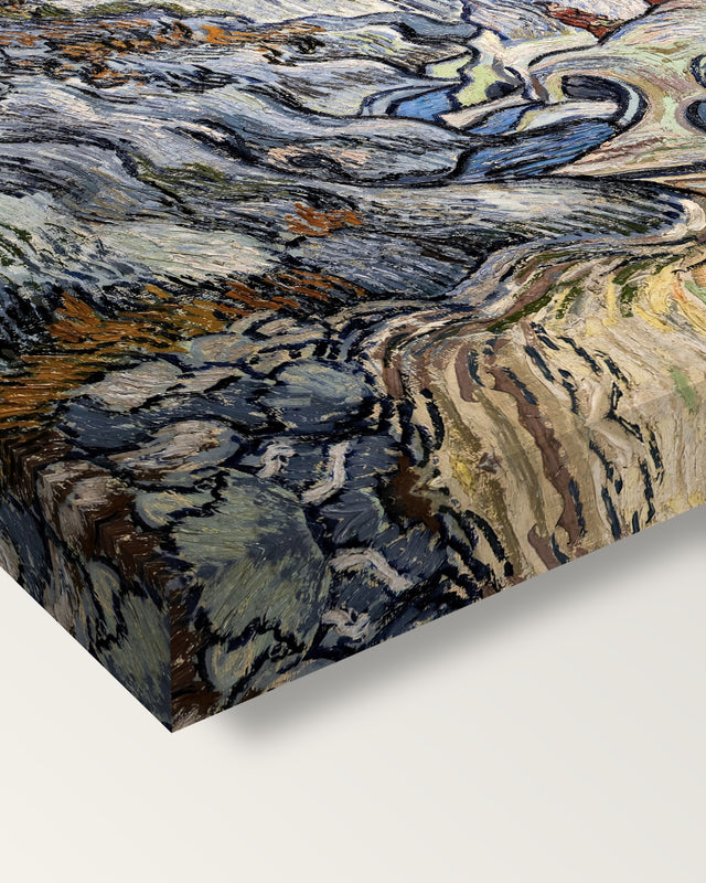 Les Peiroulets Ravine by Vincent van Gogh on stretched canvas, corner close-up: the painting mirror-wrapped round the sides