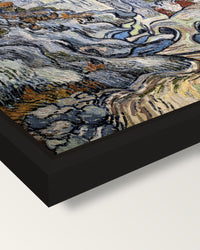 Les Peiroulets Ravine by van Gogh framed canvas, corner close-up: a black floating frame with a shadow gap round the canvas