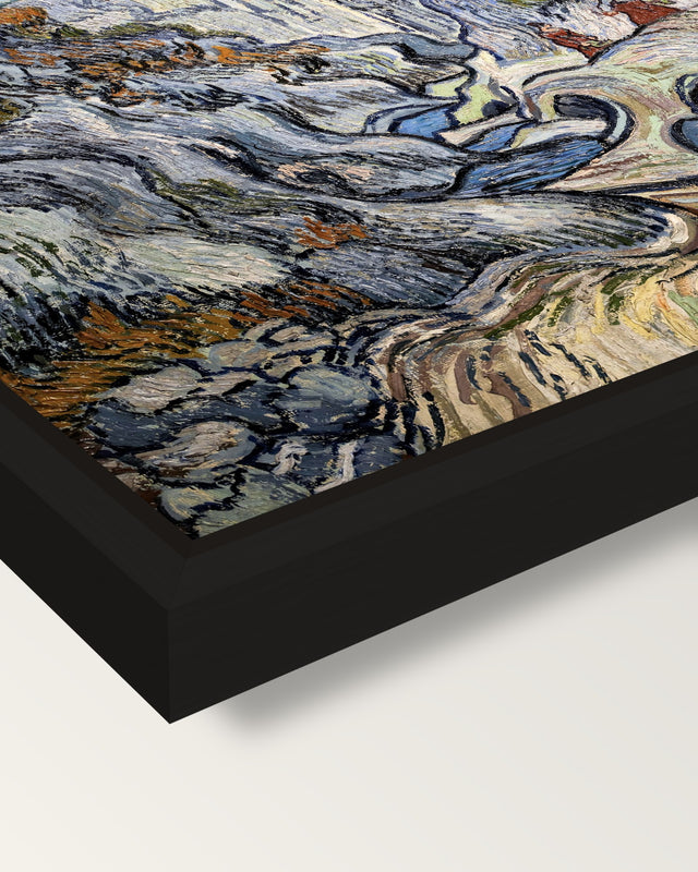 Les Peiroulets Ravine by van Gogh framed canvas, corner close-up: a black floating frame with a shadow gap round the canvas