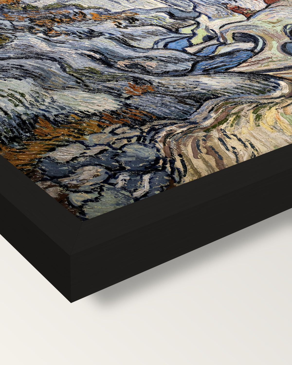 Les Peiroulets Ravine by van Gogh framed print, corner close-up: black moulding, mitred, the print set just below its edge