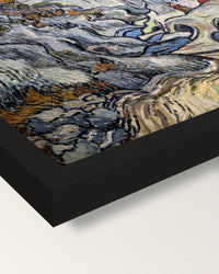 Les Peiroulets Ravine by van Gogh framed print, corner close-up: black moulding, mitred, the print set just below its edge