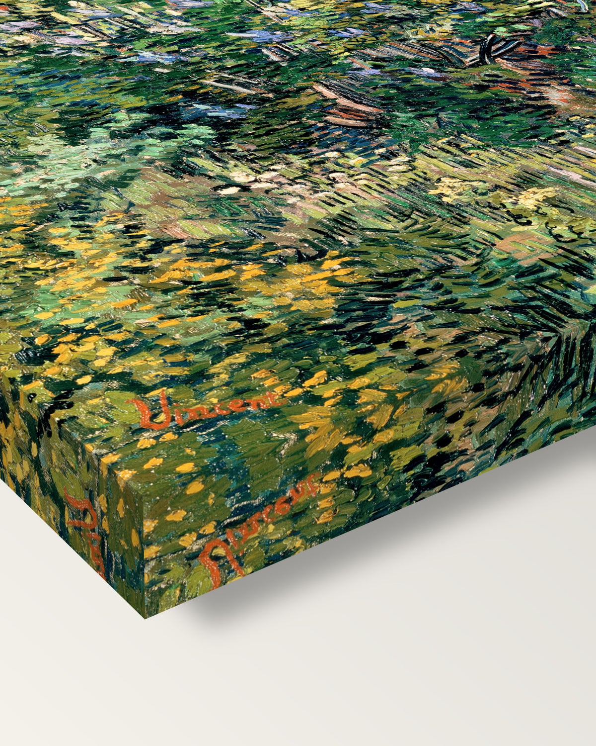 Lilac Bush by Vincent van Gogh on stretched canvas, corner close-up: the painting mirror-wrapped round the sides