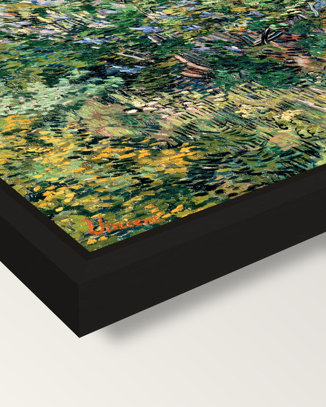 Lilac Bush by Vincent van Gogh framed canvas, corner close-up: a black floating frame with a shadow gap round the canvas