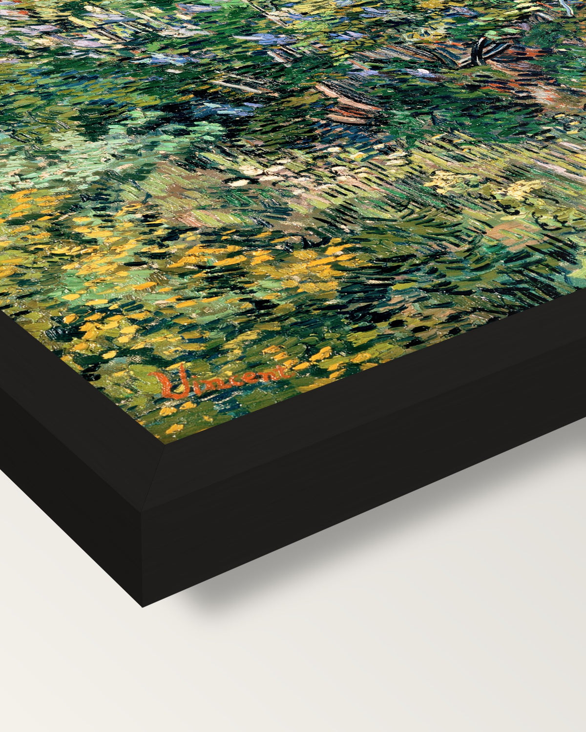 Lilac Bush by Vincent van Gogh framed print, corner close-up: black moulding, mitred, the print set just below its edge