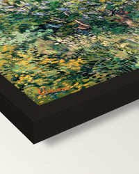 Lilac Bush by Vincent van Gogh framed print, corner close-up: black moulding, mitred, the print set just below its edge