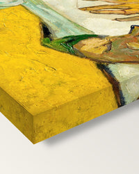 Madame Roulin and Her Baby by van Gogh on stretched canvas, corner close-up: the painting mirror-wrapped round the sides