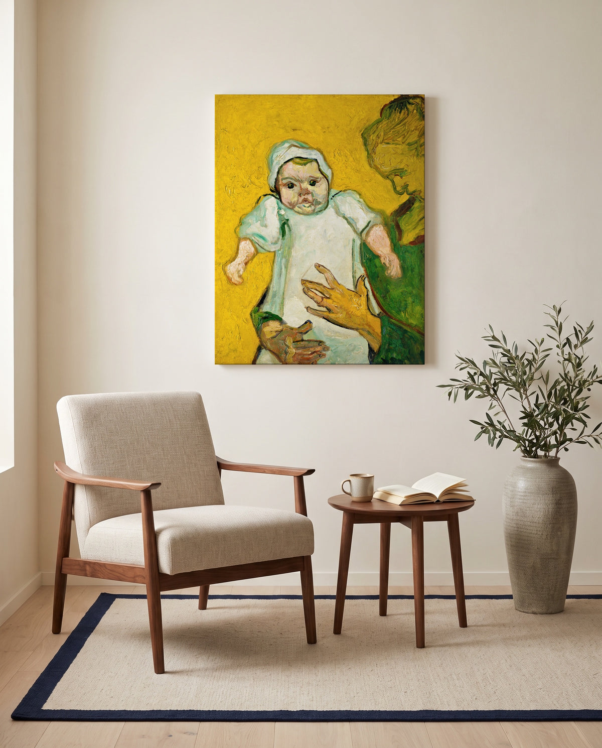 Madame Roulin and Her Baby by Vincent van Gogh as a stretched canvas above a linen lounge chair in a reading corner
