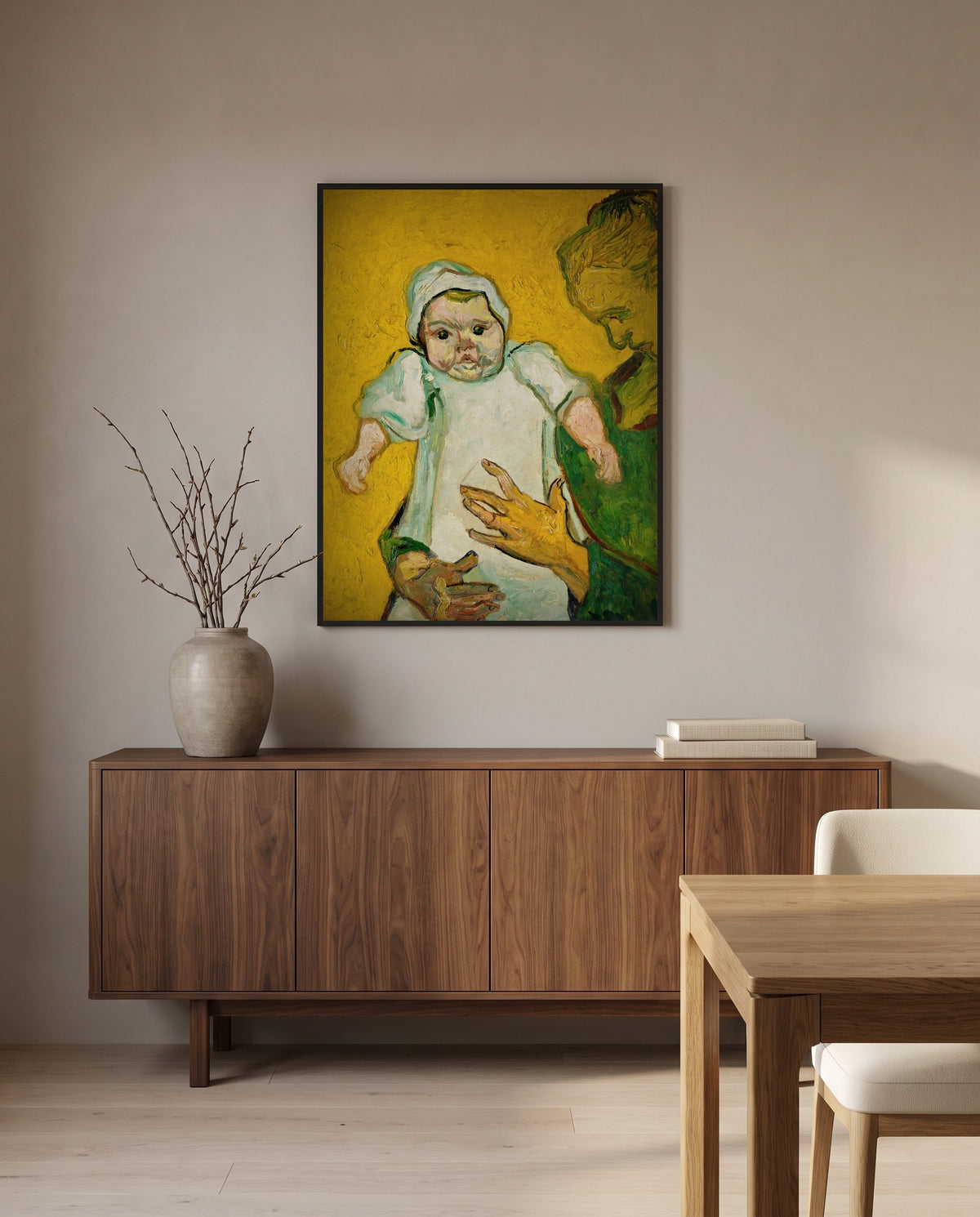 Madame Roulin and Her Baby by Vincent van Gogh in a black frame above a walnut sideboard in a dining room