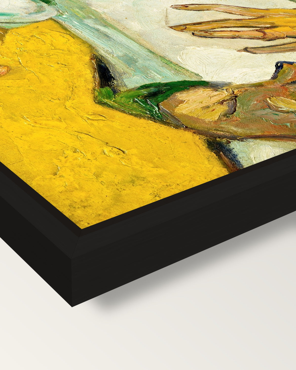 Madame Roulin and Her Baby framed canvas, corner close-up: a black floating frame with a shadow gap round the canvas