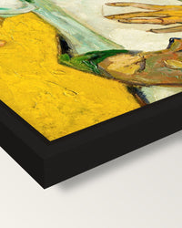 Madame Roulin and Her Baby framed canvas, corner close-up: a black floating frame with a shadow gap round the canvas